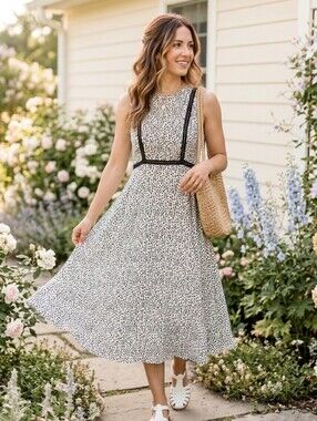 CUTE🖤Flattering Black/Off White Sleeveless A-Line Midi Dress Size M